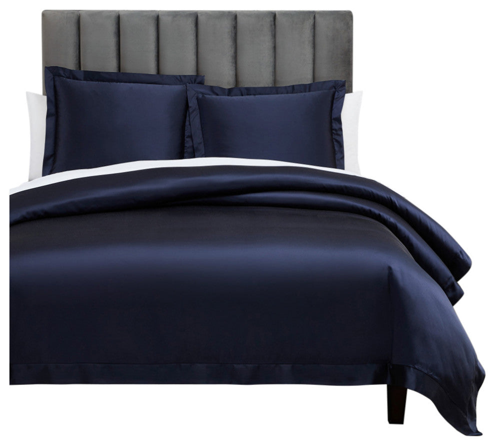 High Shine Satin Duvet Cover Set, Super Queen, Navy, 3 Piece