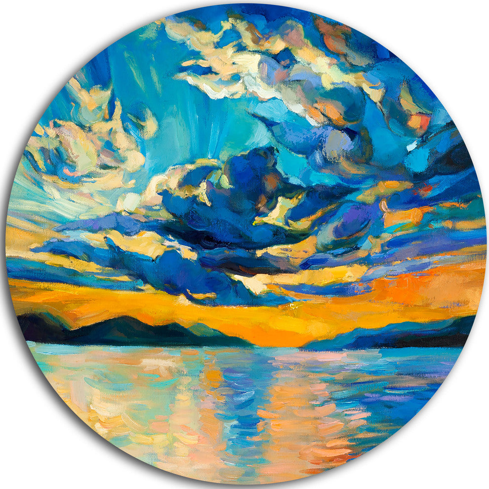Orange Sunset With Blue Sky, Modern Painting Disc Metal Wall Art, 23"