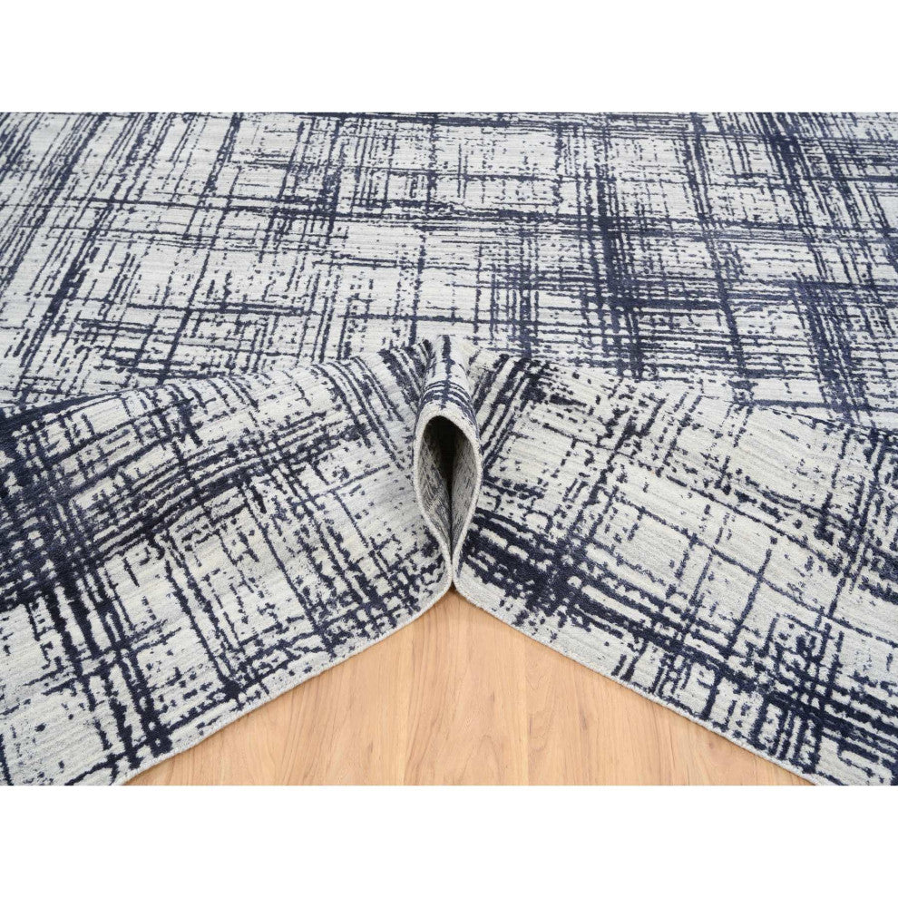Black, Modern Erased Lines Design, Wool and Silk Hand Loomed Rug, 10'0"x13'9"