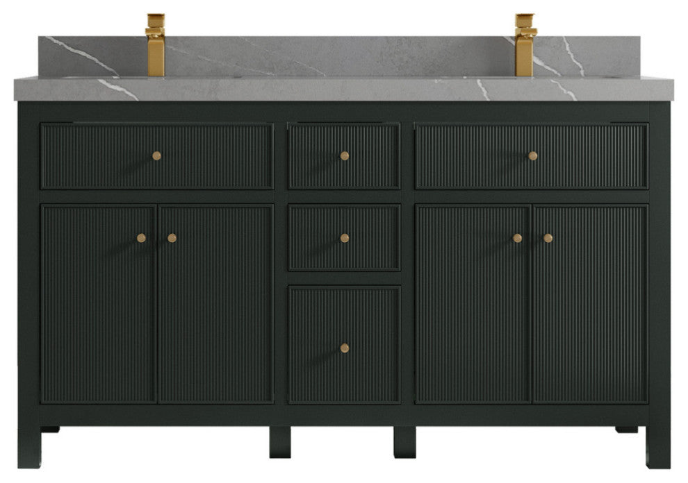Sonoma 60 Double Sink Reeded Bathroom Vanity in Dark Forest Green 2" Piatra Gray