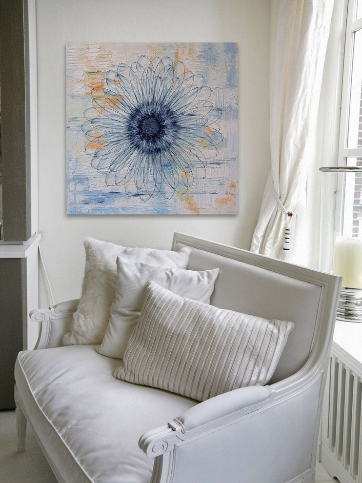 "Blue Burst Bloom" Painting Print on Wrapped Canvas, 18"x18"