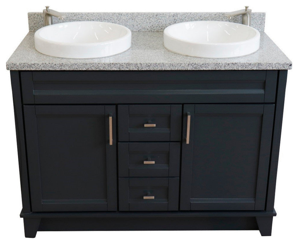 48" Double Sink Vanity, Dark Gray Finish With Gray Granite And Round Sink