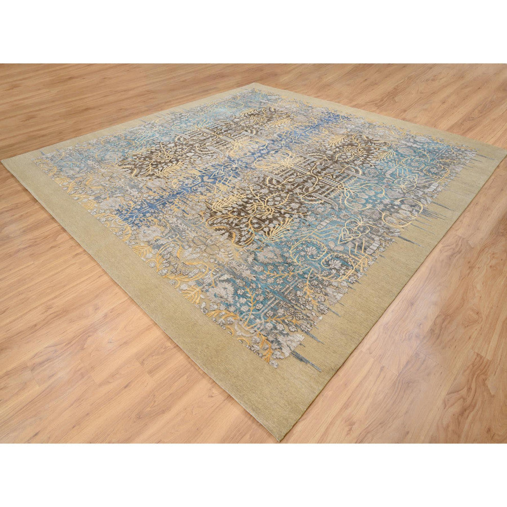 Tan/Brown Silk With Textured Wool Hand Knotted Sarouk Square Rug, 12'0"x12'2"