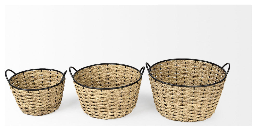 Set of Three Metal and Wicker Storage Baskets