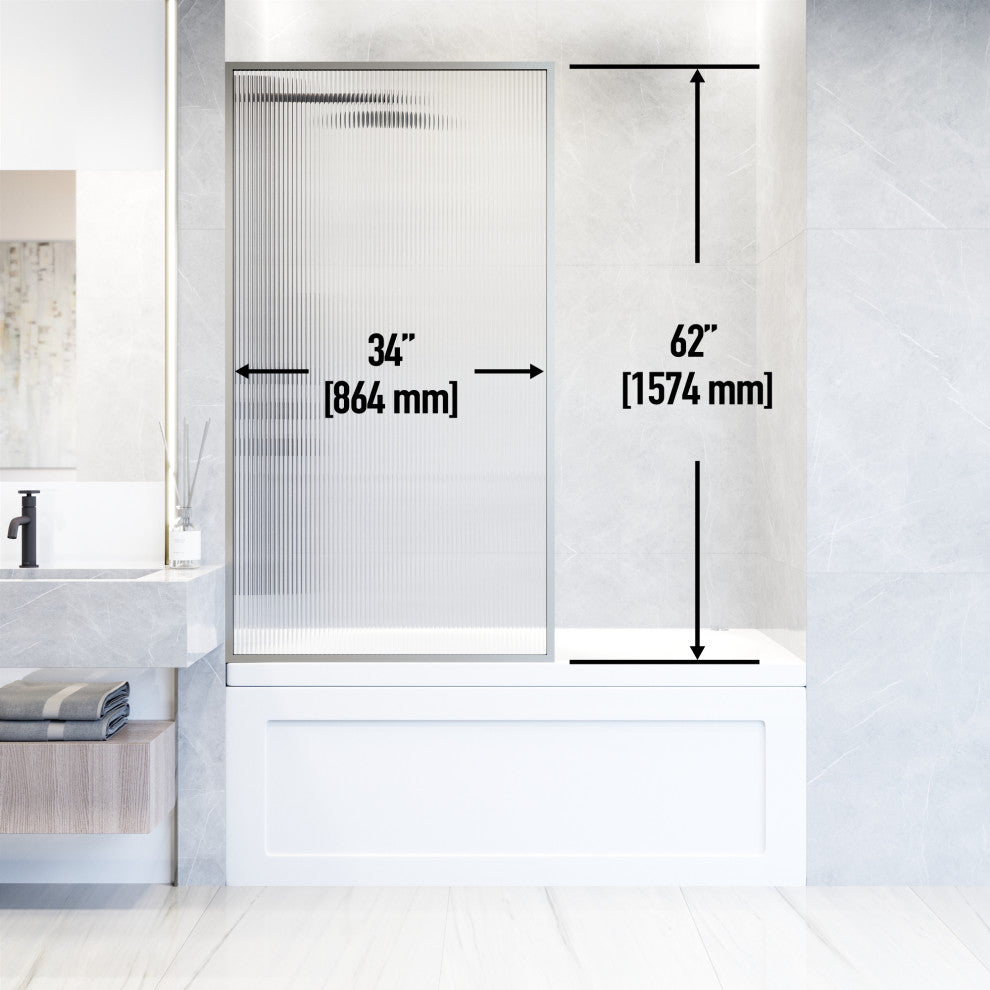 VIGO Meridian Framed Fixed, Stainless Steel, Tub Screen, 34" W X 62" H, Fluted Glass