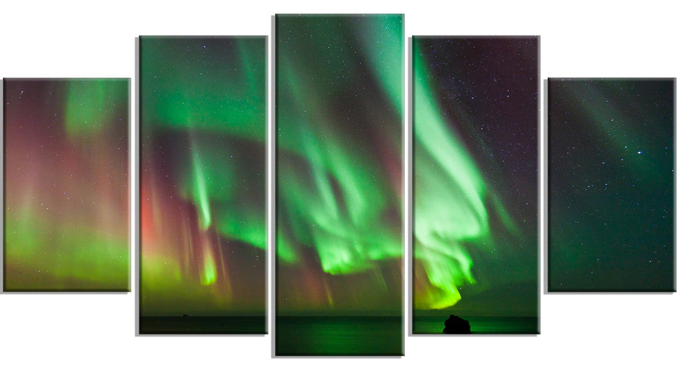 Green Northern Lights Aurora, Large Abstract Canvas Wall Art, 60"x32", 5 Panels
