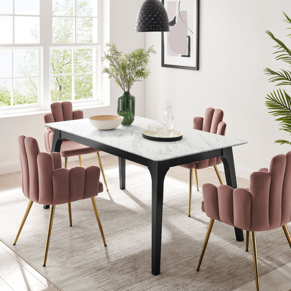 63" Dining Table, Rectangular, White Black, Wood, Artificial Marble, Modern