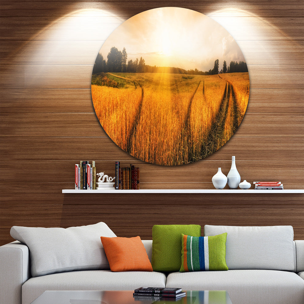 Wheat Field At Sunset Panorama, Photo Large Disc Metal Wall Art, 36"