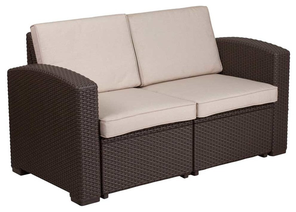 Chocolate Brown Faux Rattan Loveseat With All-Weather Beige Cushions