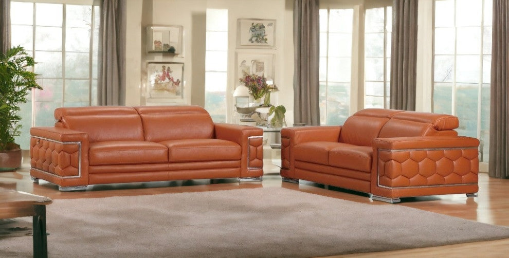 2-Piece Indoor Camel Italian Leather Five Person Seating Set