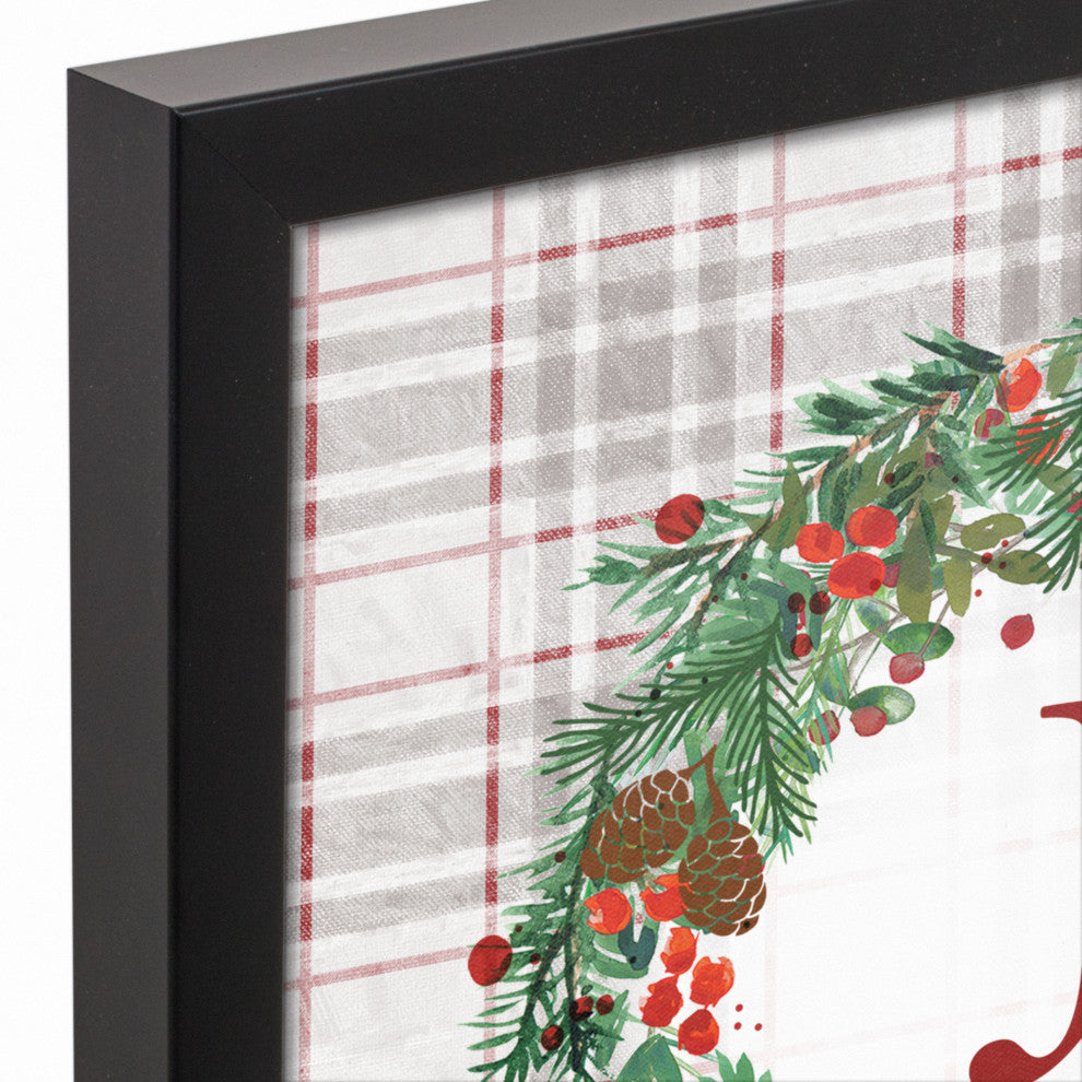 Holiday Gray Plaid Monogram Wreath J 12x12 Black Framed Canvas