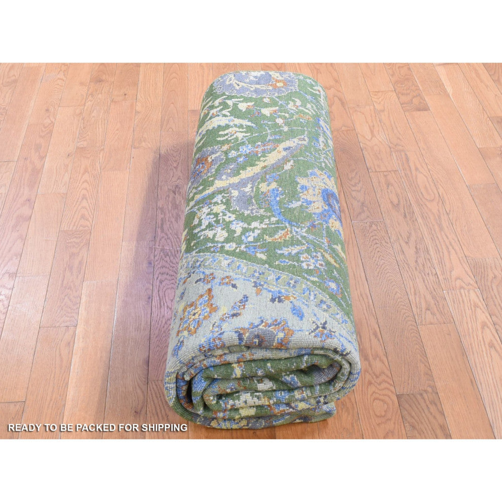 Green Rug, on Rug, Design Hand Knotted Silk With Textured Wool Rug, 7'9"x9'10"