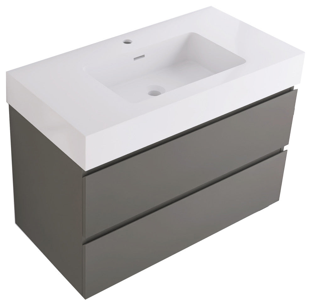 Wood Wall-Mounted Bathroom Vanity Set with Integrated Resin Sink, Grey, 36"