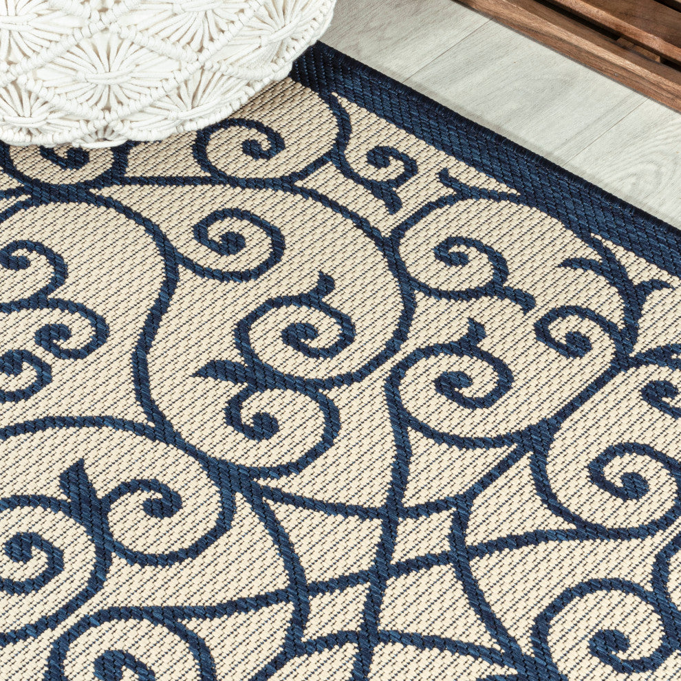 Madrid Vintage Filigree Textured Weave Indoor/Outdoor, Navy/Beige, 3 X 5
