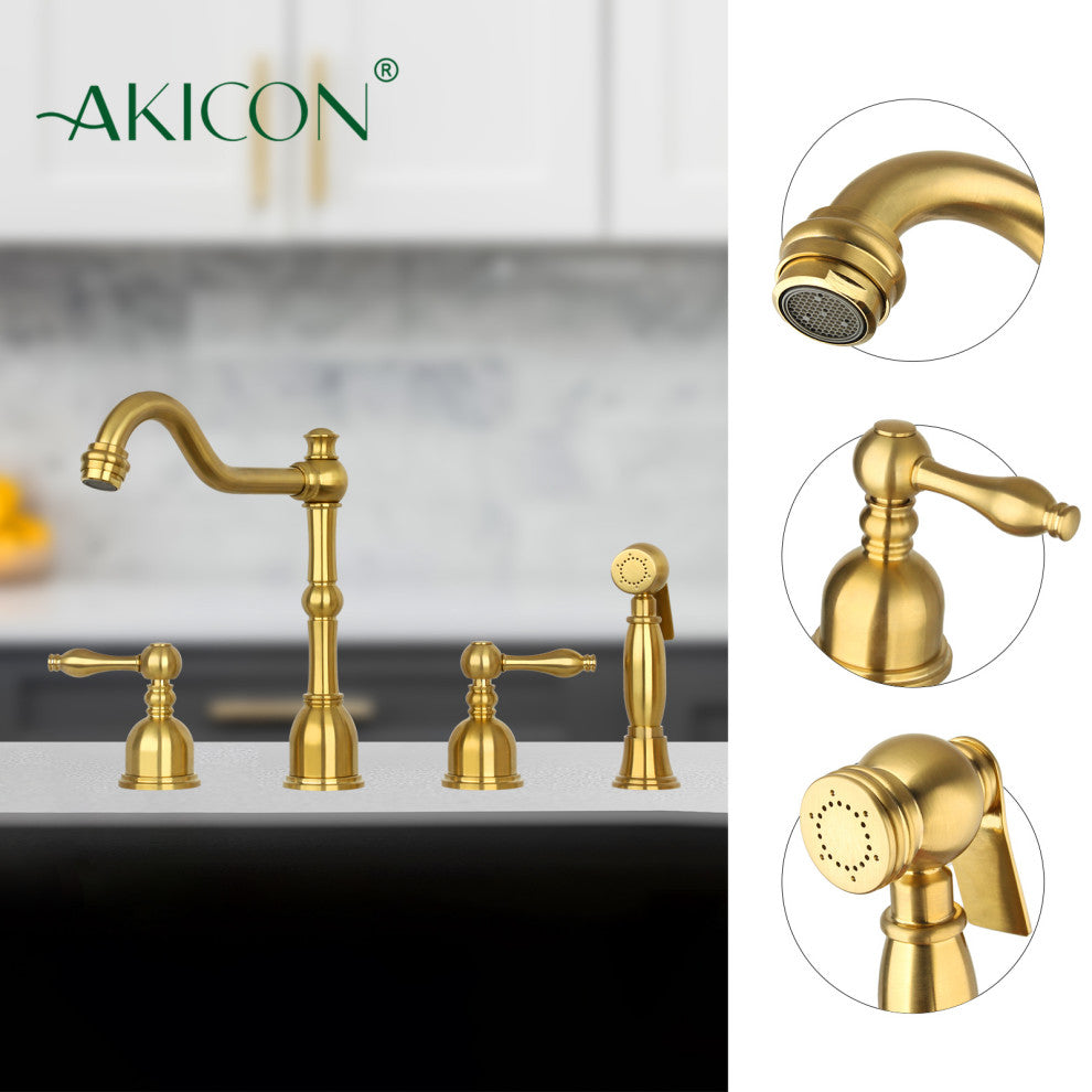 Two-Handles Copper Widespread Kitchen Faucet with Side Sprayer, Brushed Gold