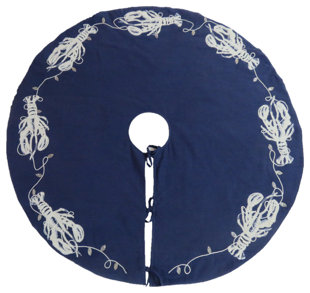 Handmade Christmas Tree Skirt, Lobsters on Navy Blue Cotton, 60"