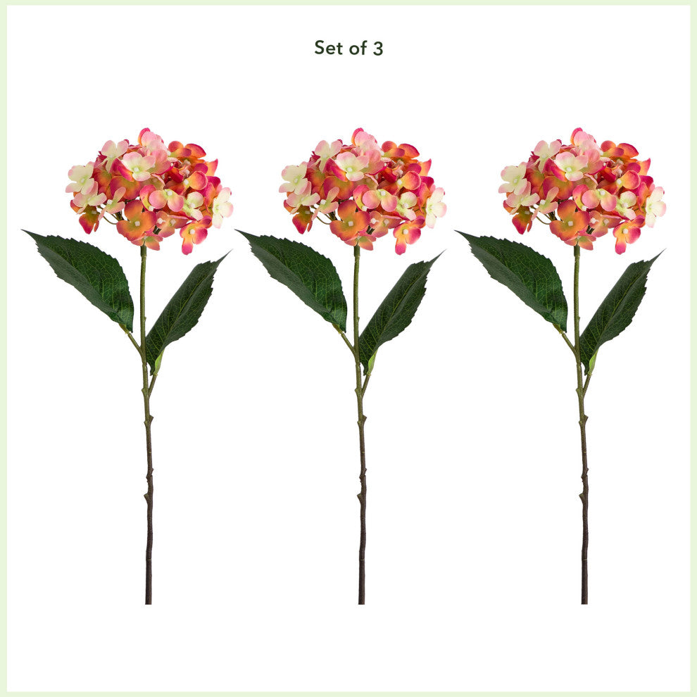 20" Artificial Hydrangea Flower Stems, Set of 3, Pink