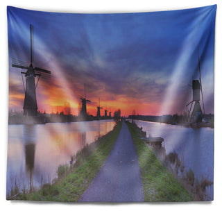 Windmills Morning Panorama Abstract Wall Tapestry, 92"x78"