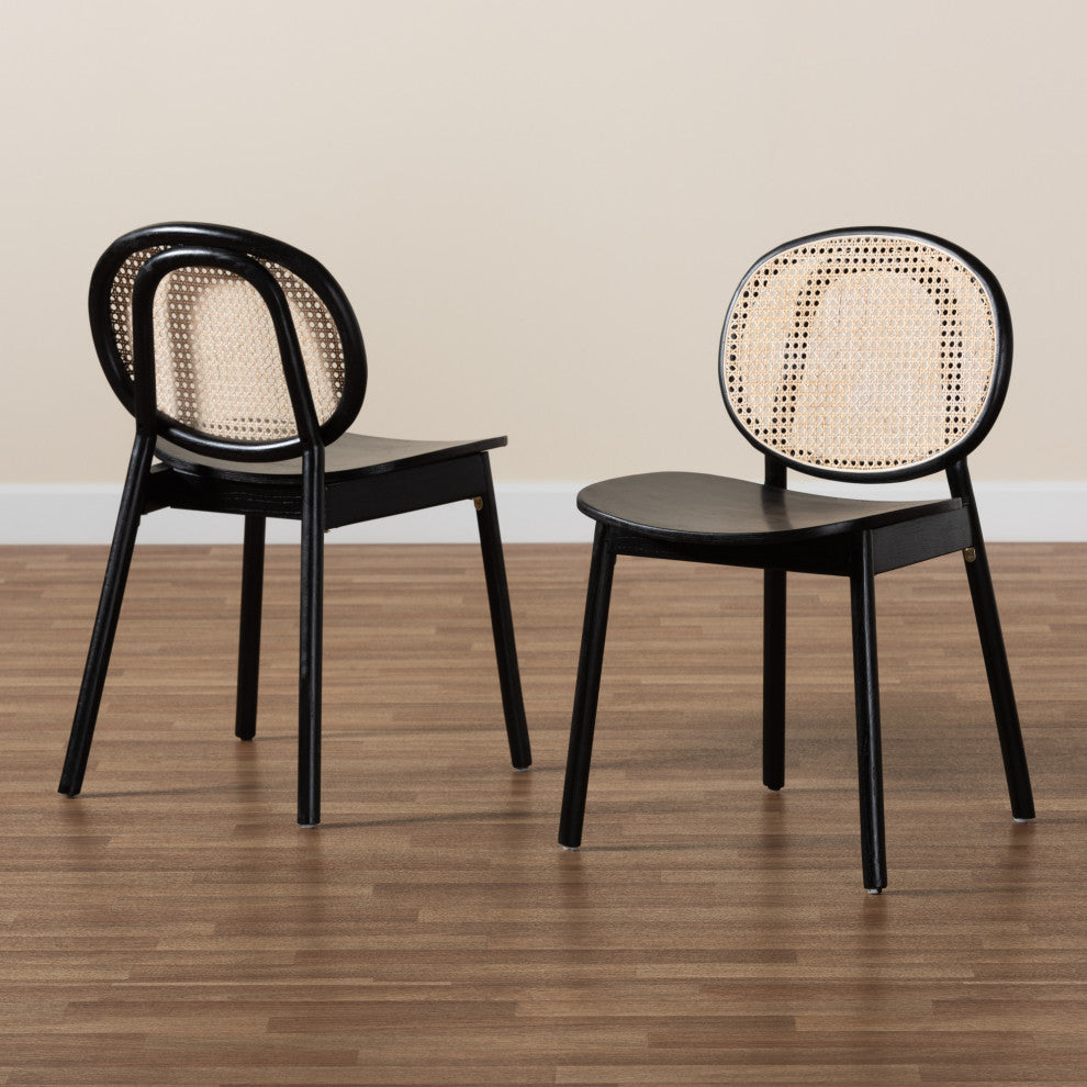 Halen Brown Woven Rattan and Black Wood Finished 2-Piece Cane Dining Chair Set