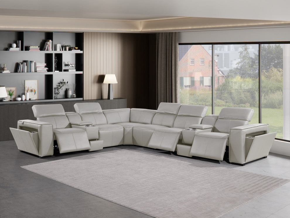 Niccolo Italian Leather 8-Piece L-Shaped Power Reclining Sectional, Light Gray