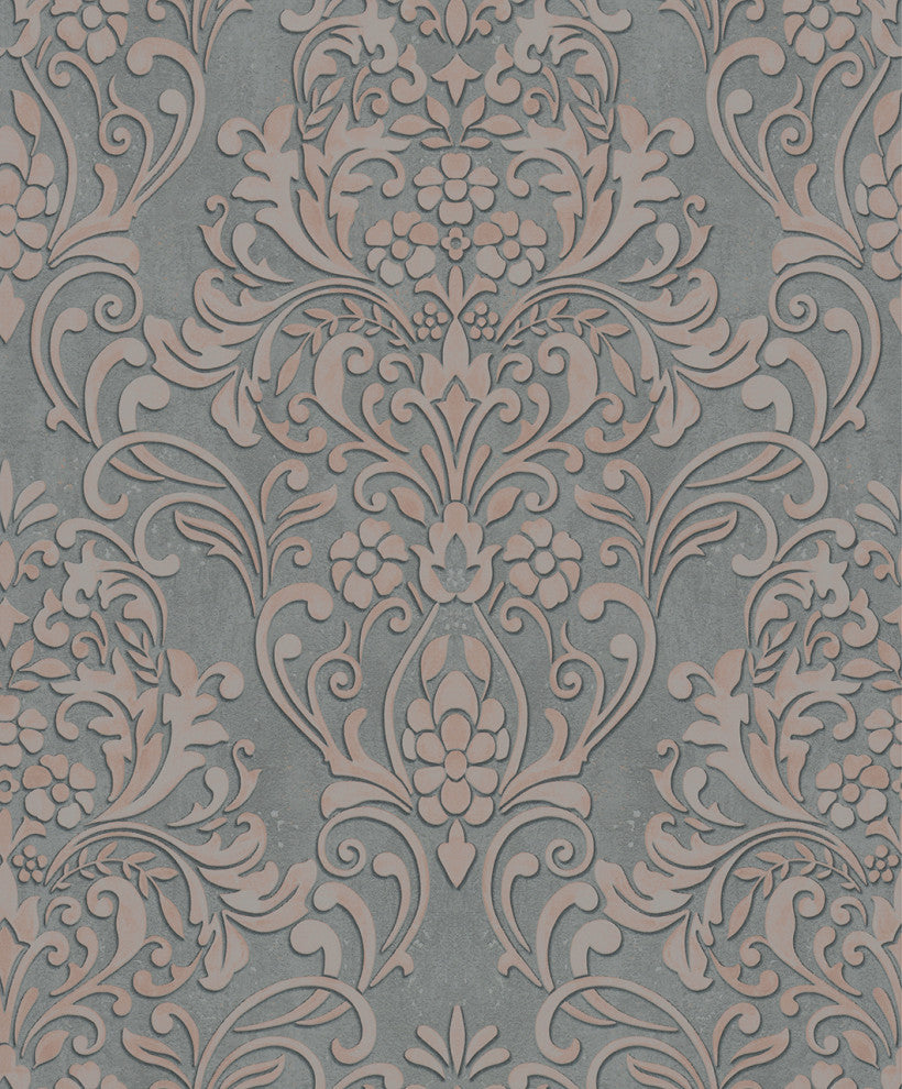 Damask Textured Wallpaper, Ornamental, Pink Gray Silver Gray Copper, 1 Roll