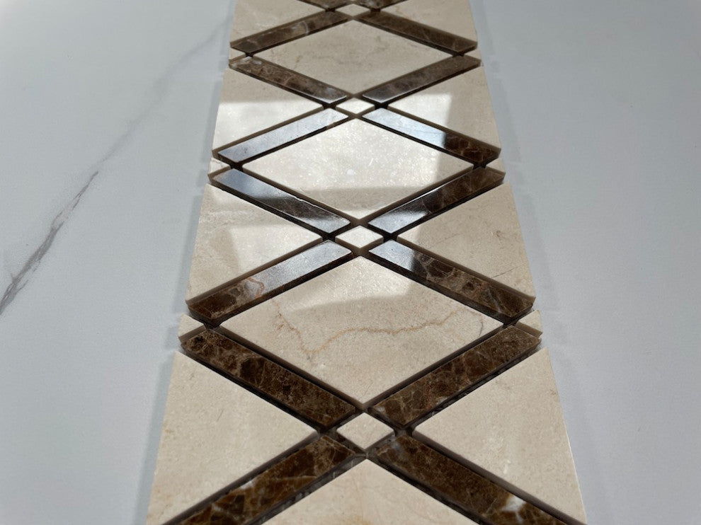 Crema Marfil Marble Lattice Diamond Mosaic Border Listello Tile Polish, 1 sheet