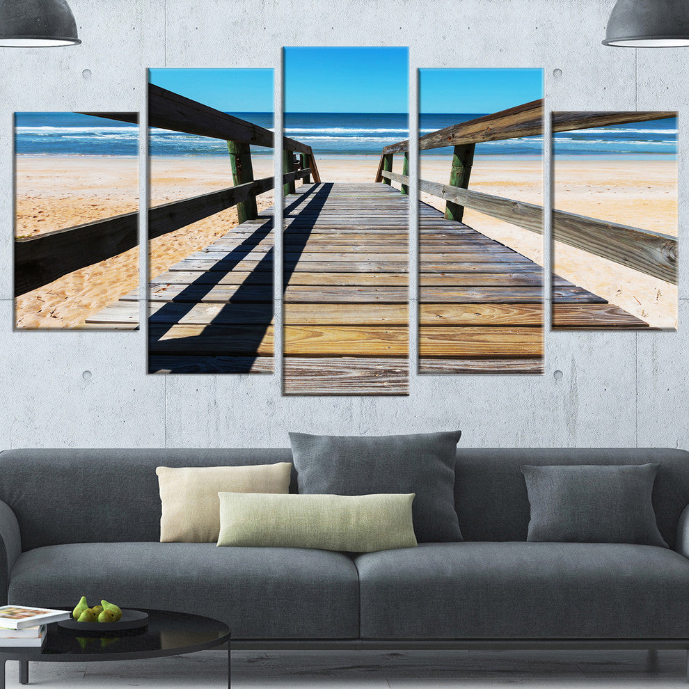 Long Boardwalk into Blue Seashore, Seashore Canvas Art Print, 60"x32", 5 Panels