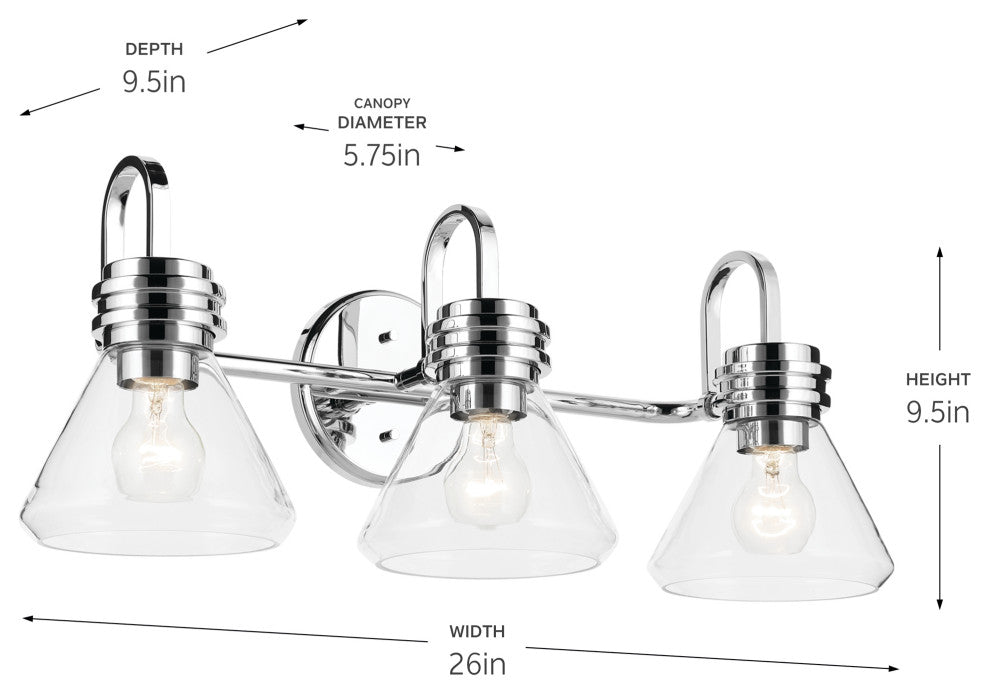 26" 3-Light Vanity Light With Clear Glass