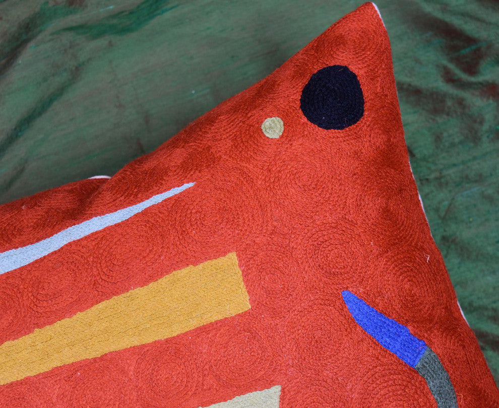 Kandinsky Orange Pillow Cover Needlepoint Accent Pillows Handmade Wool 18x18"