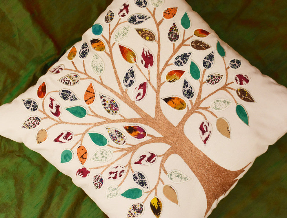 White Tree of Life Decorative Pillow Cover Cotton Applique Work Designs 18x18"