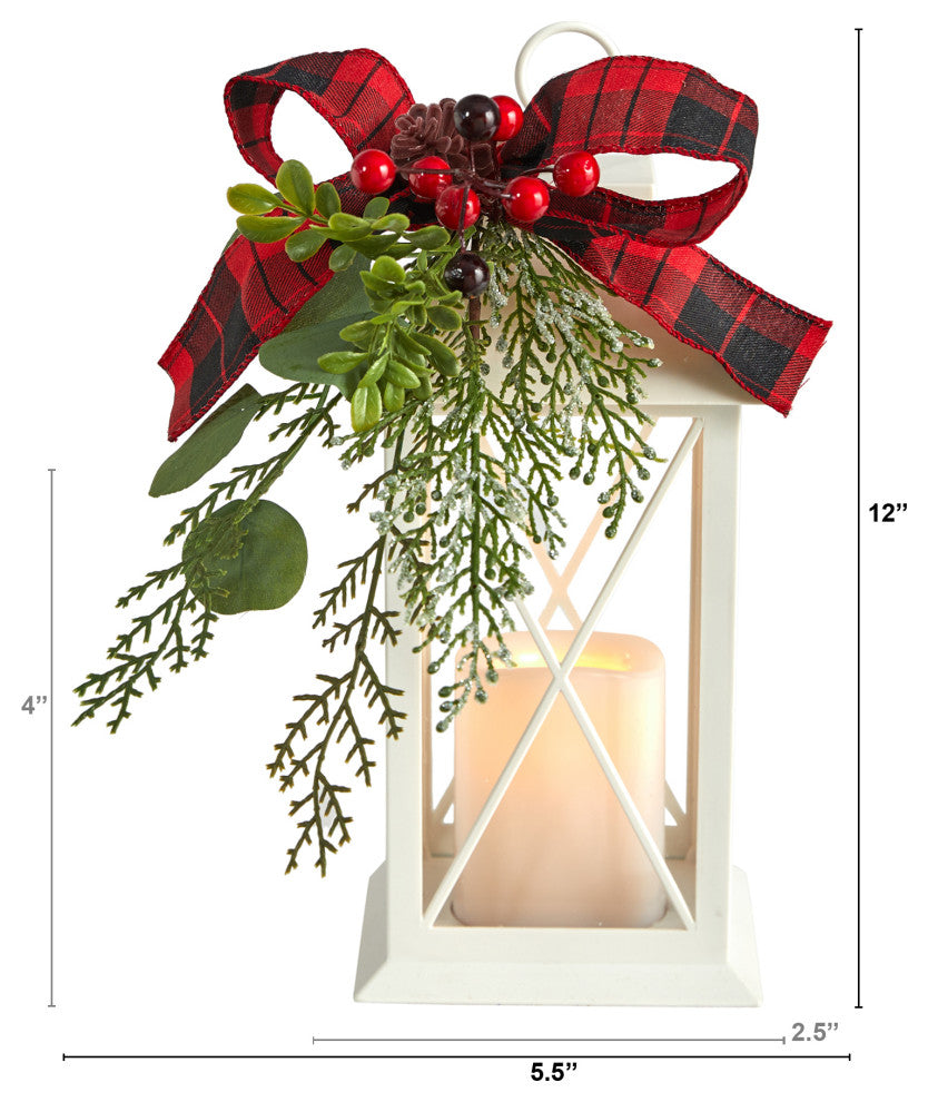 12" Holiday White Lantern Artificial Christmas Table Arrangement With LED Candle