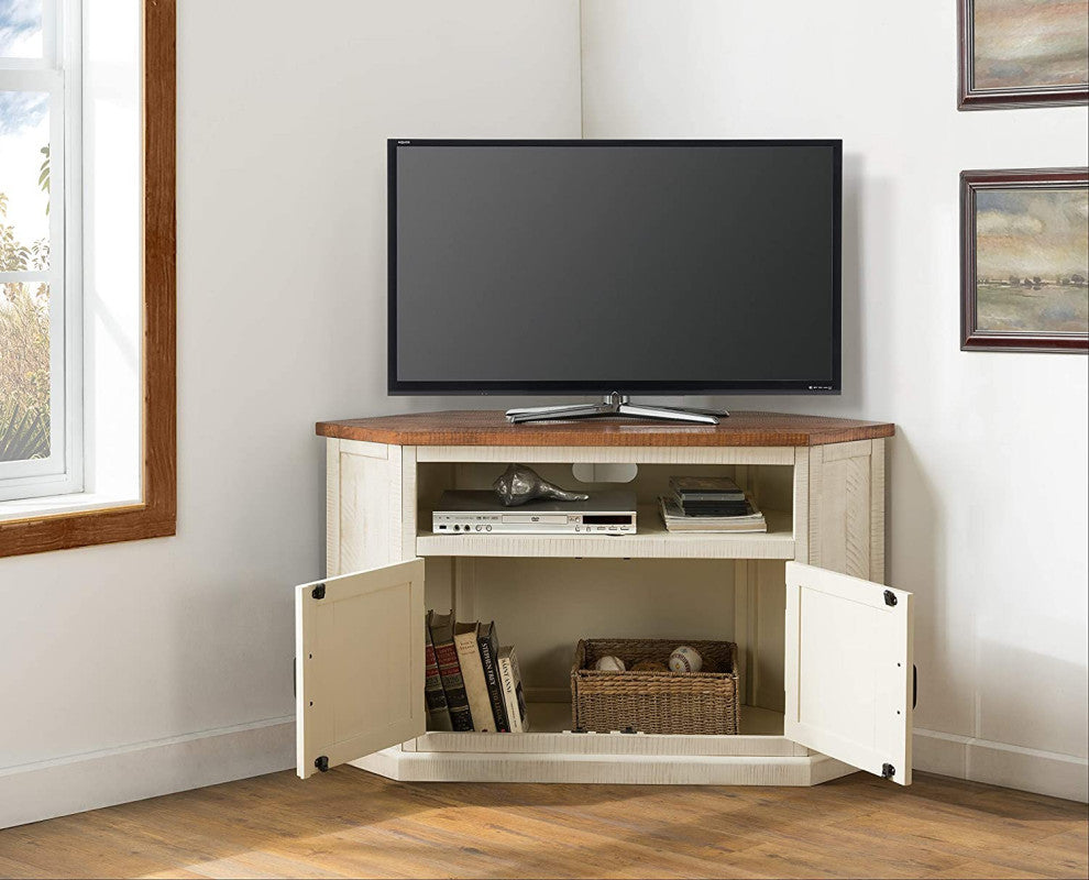 Rustic Corner TV Stand, Pine Wood Frame and Honey Tobacco Top, Antique White
