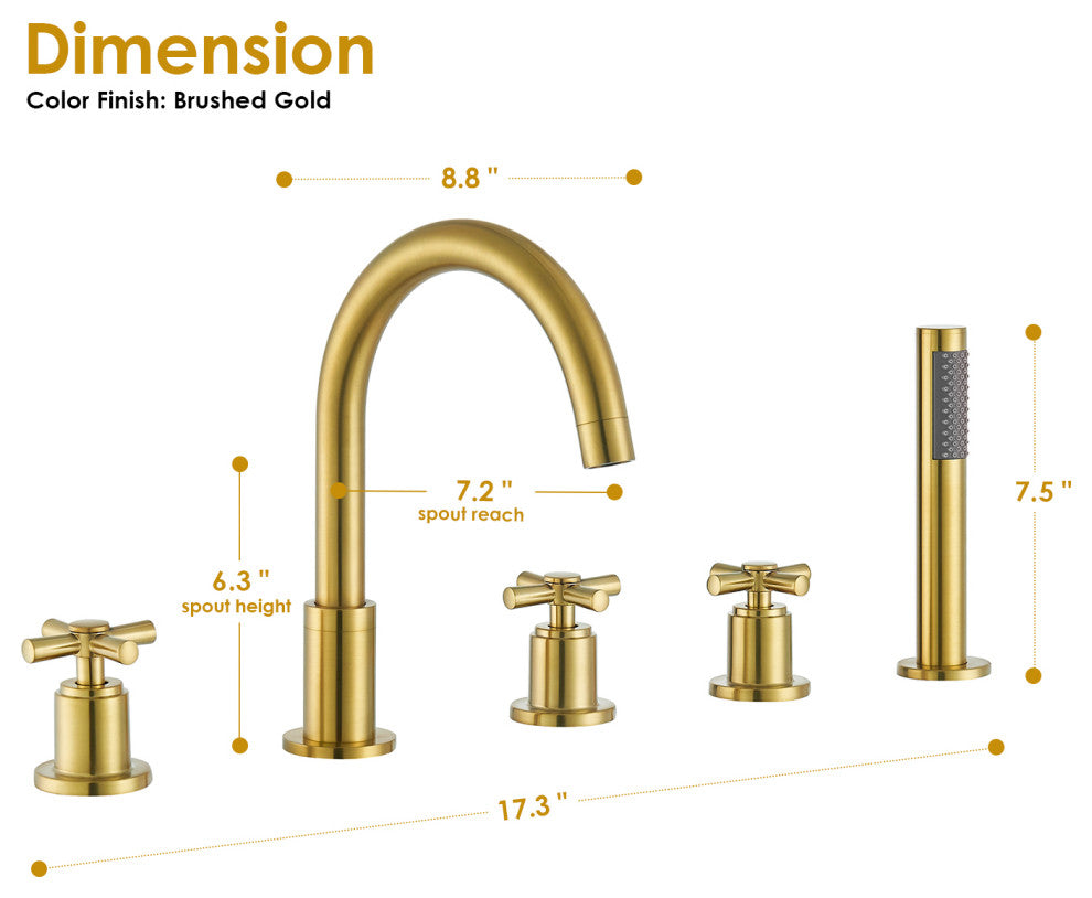 Sorlia Cross Handles Deck-Mount Roman Tub Faucet With Handshower, Brushed Gold