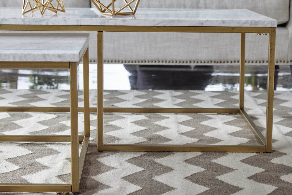 Rectangle Carrera Nesting Coffee Table White Carrera Marble, Brushed Gold