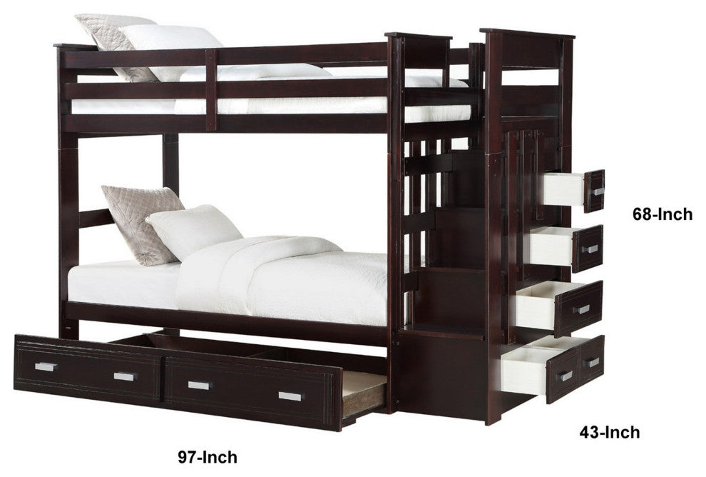 Benzara BM284016 Classic Wood Twin Bunk Bed With Trundle, Storage Ladder, Brown