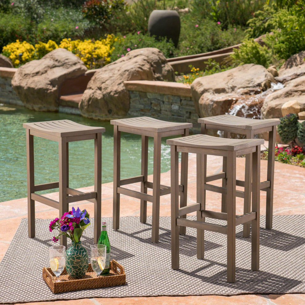 GDF Studio Cassie Outdoor 30" Acacia Wood Barstools, Gray, Set of 4