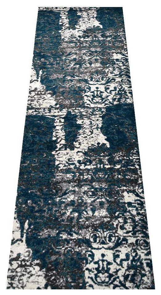 Machine Woven Heatset Polypropylene Area Rug Abstract Silver Blue, [Runner] 3'2''x10'