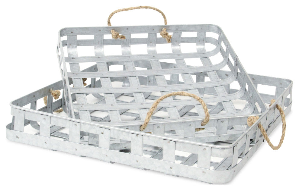 Set of 2 Galvanized Metal Tray With Rope Handles