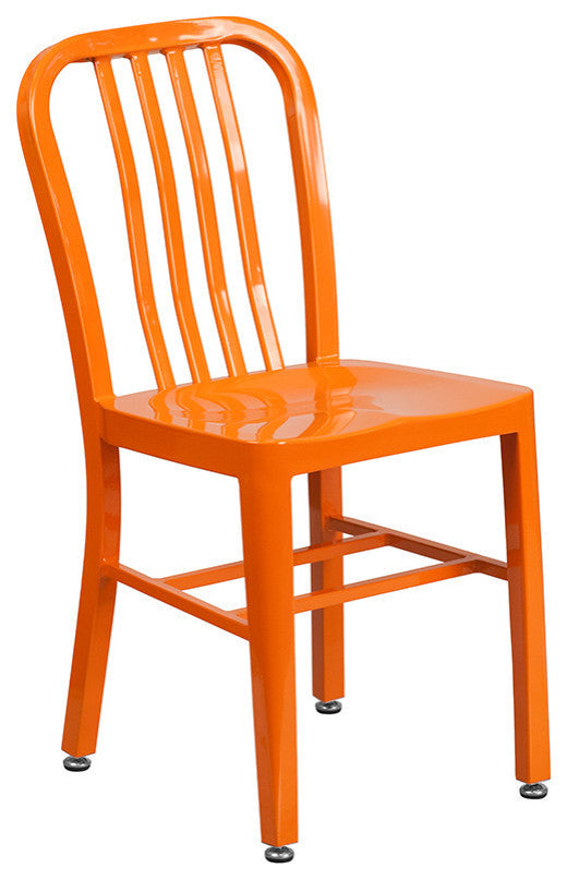 24" Round Orange Metal Indoor-Outdoor Table Set with 4 Vertical Slat Back Chairs