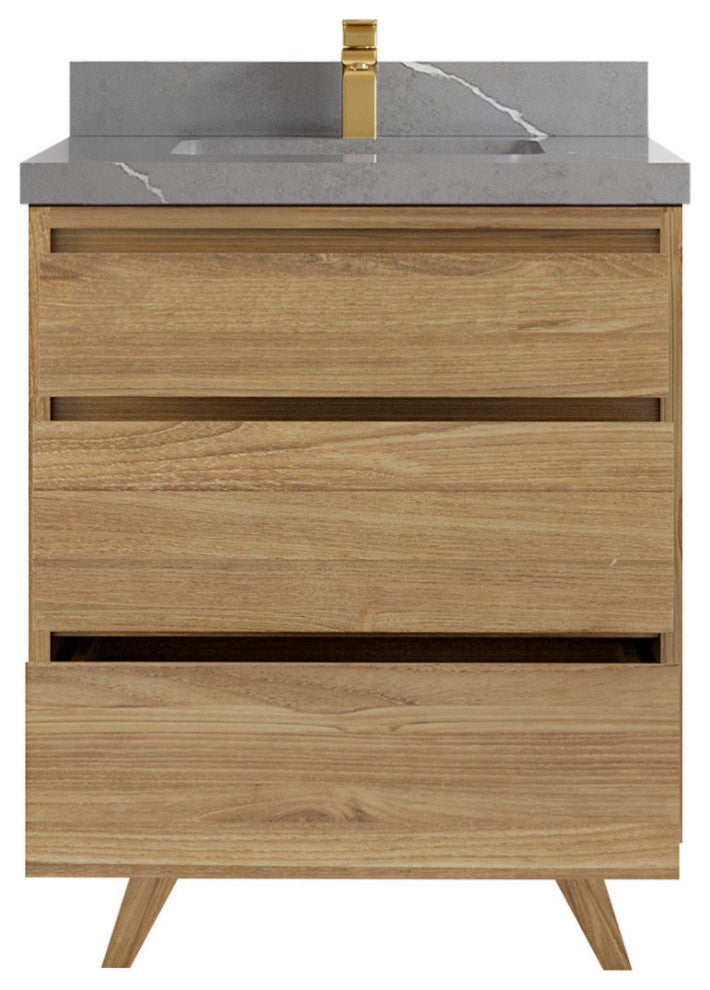 Madison  Teak 30 Single Sink Bath Vanity Golden Teak 2" Piatra Gray Quartz
