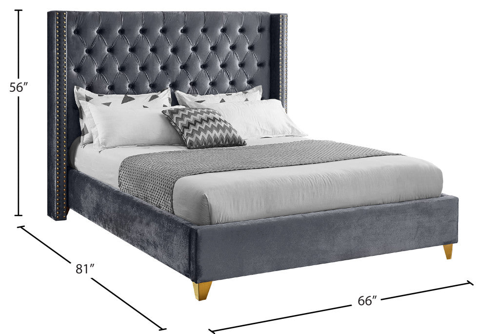 Barolo Velvet Upholstered Bed, Gray, Full