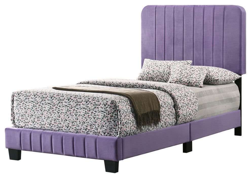 Lodi Velvet Upholstered Channel Tufted Twin Panel Bed, Purple