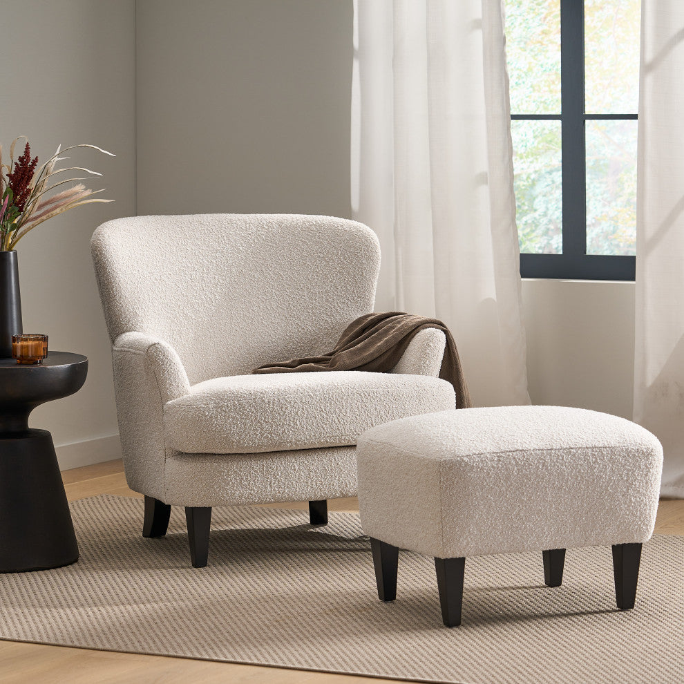 Gerald Boucle Upholstered Club Chair and Ottoman Set, Almond