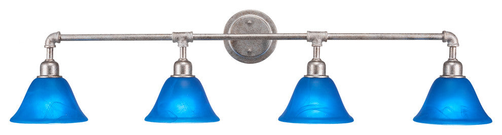 Vintage 4-Light Bath Bar, Aged Silver Finish, 7" Blue Italian Glass
