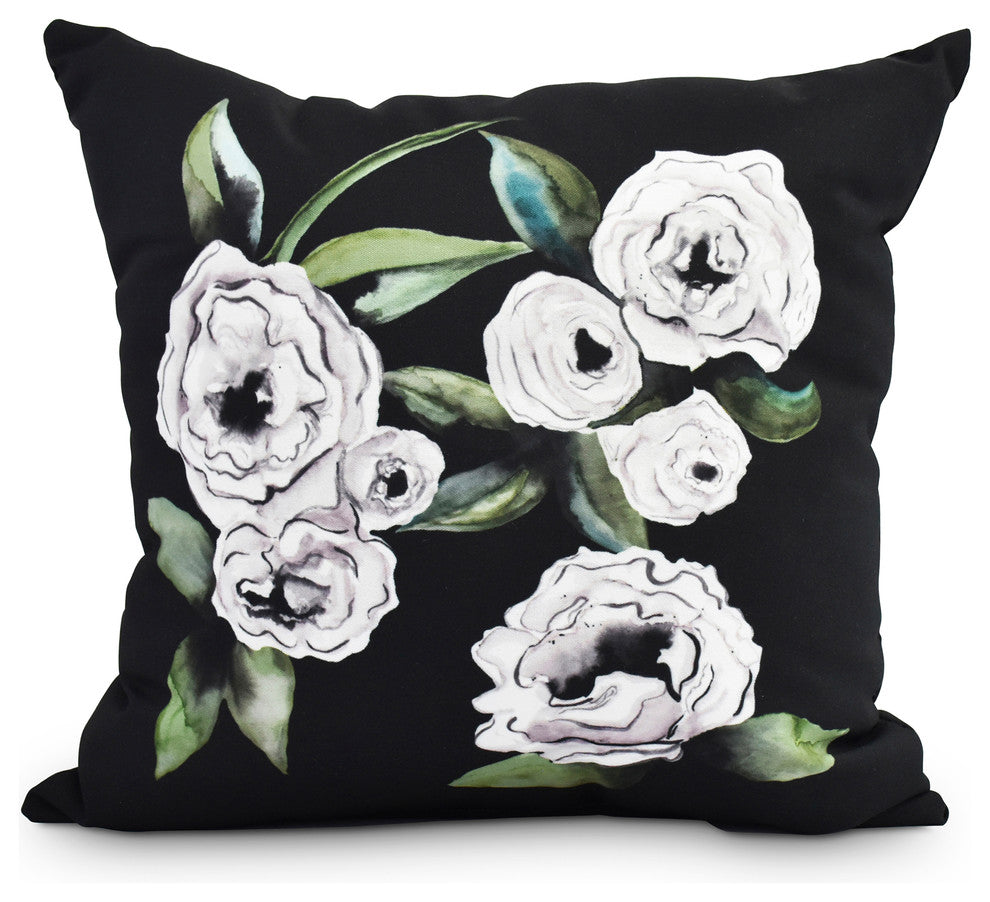 Radiant Rose 18" Black Floral Print Decorative Throw Pillow