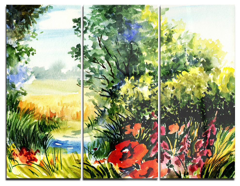 "Watercolor Landscape With Flowers" Metal Wall Art, 3 Panels, 36"x28"