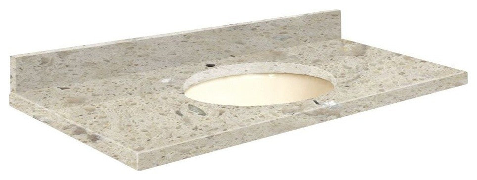 Quartz 25"x19" Vanity Top, Biscuit Bowl, Carmel, Single Hole