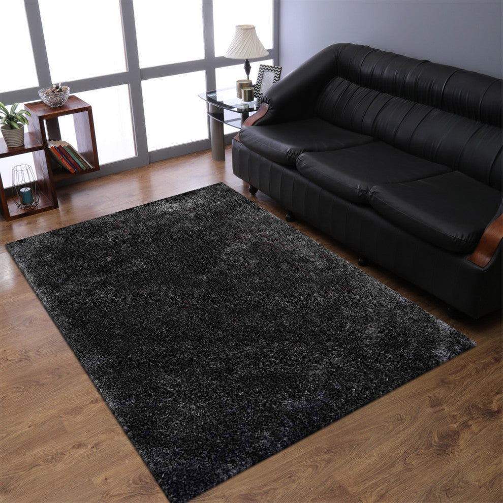 HAND TUFTED SHAG POLYESTER ECO-FRIENDLY AREA RUGS, Charcoal Color, Solid Design