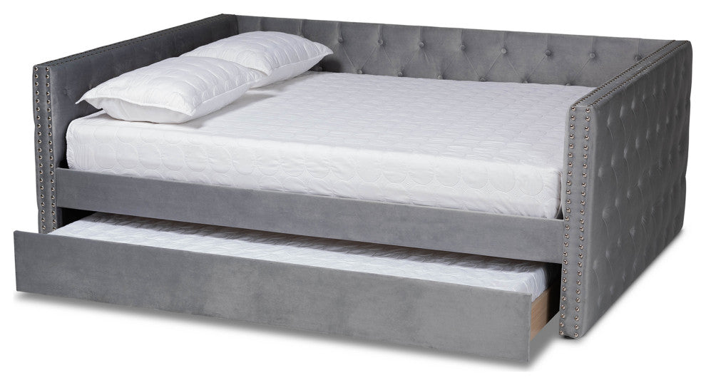 Elara Classic Velvet Daybed With Trundle, Queen Size, Gray
