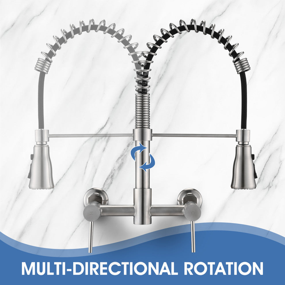 Double Handle Wall Mounted Spring Neck Bridge Kitchen Faucet, Brushed Nickel